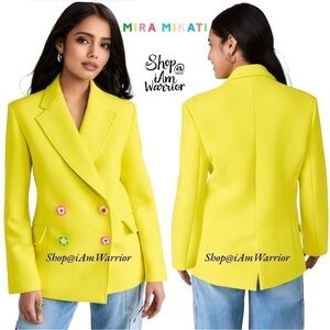 Mira Mikati neon yellow double breasted scuba blazer w/ ceramic floral buttons